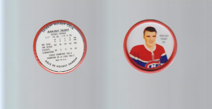 1962-63 SHIRRIFF HOCKEY COIN #39 J.G.TALBOT photo