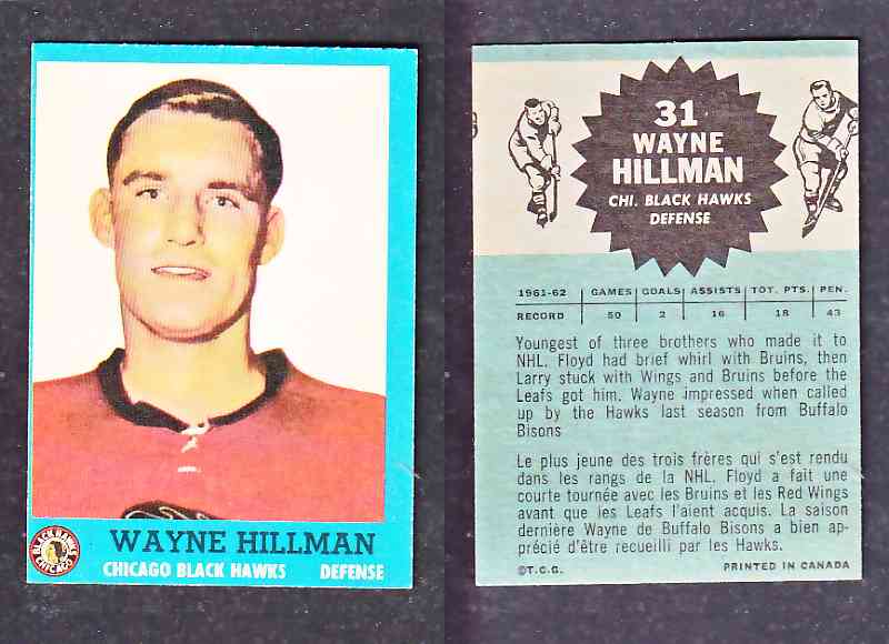 1962-63 TOPPS HOCKEY CARD W. HILLMAN # 31 photo