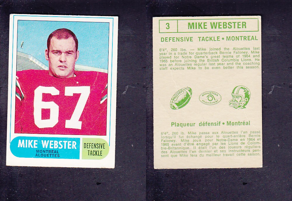 1968 CFL O-PEE-CHEE FOOTBALL CARD  #3 M. WEBSTER photo