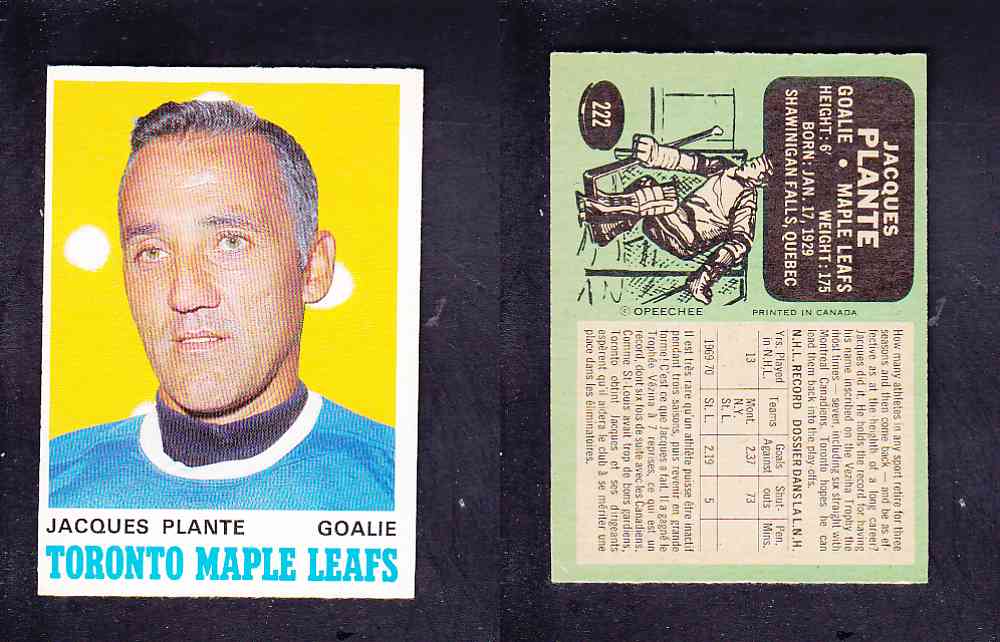 1970-71 O-PEE-CHEE HOCKEY CARD #222 J. PLANTE photo