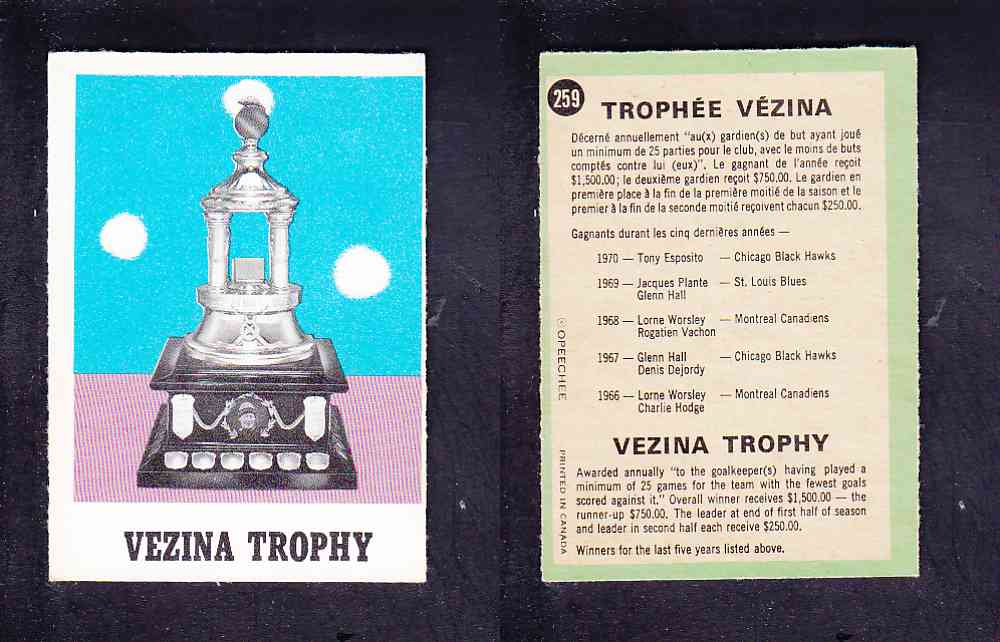 1970-71 O-PEE-CHEE HOCKEY CARD #259 VEZINA TROPHY photo