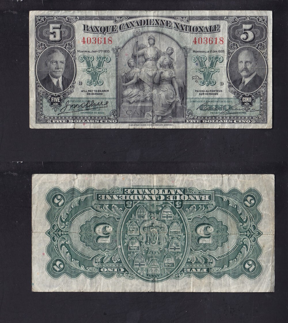 1935 CANADA BANQUE CANADIENNE NATIONALE 5$ DOLLAR CHARTERED BANK NOTE photo