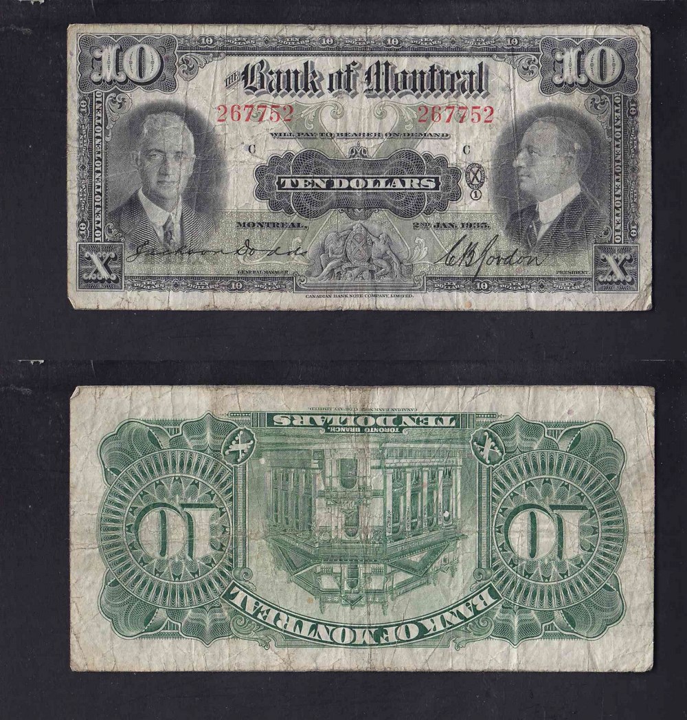 1935 CANADA BANK OF MONTREAL 10$ DOLLAR CHARTERED BANK NOTE photo
