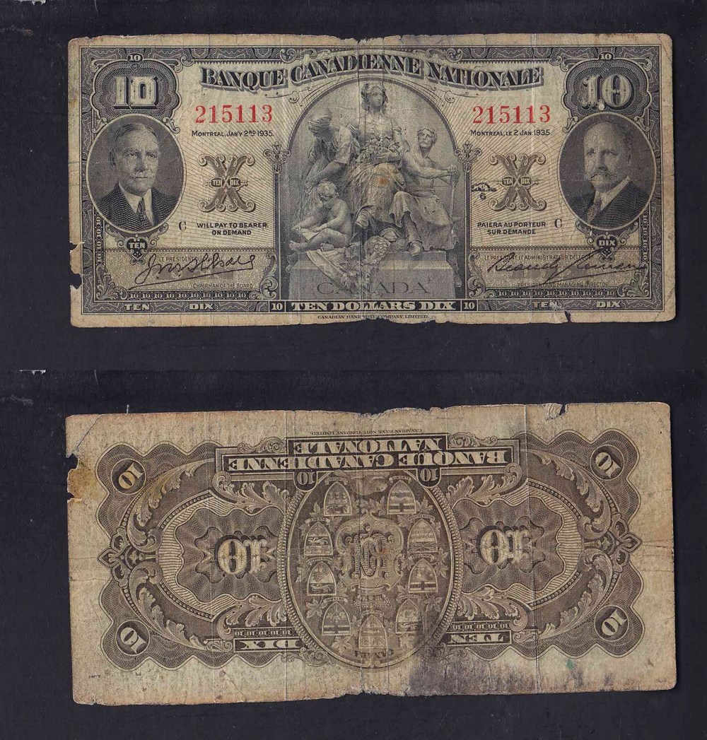 1935 CANADA BANQUE CANADIENNE NATIONALE 10$ DOLLAR CHARTERED BANK NOTE photo