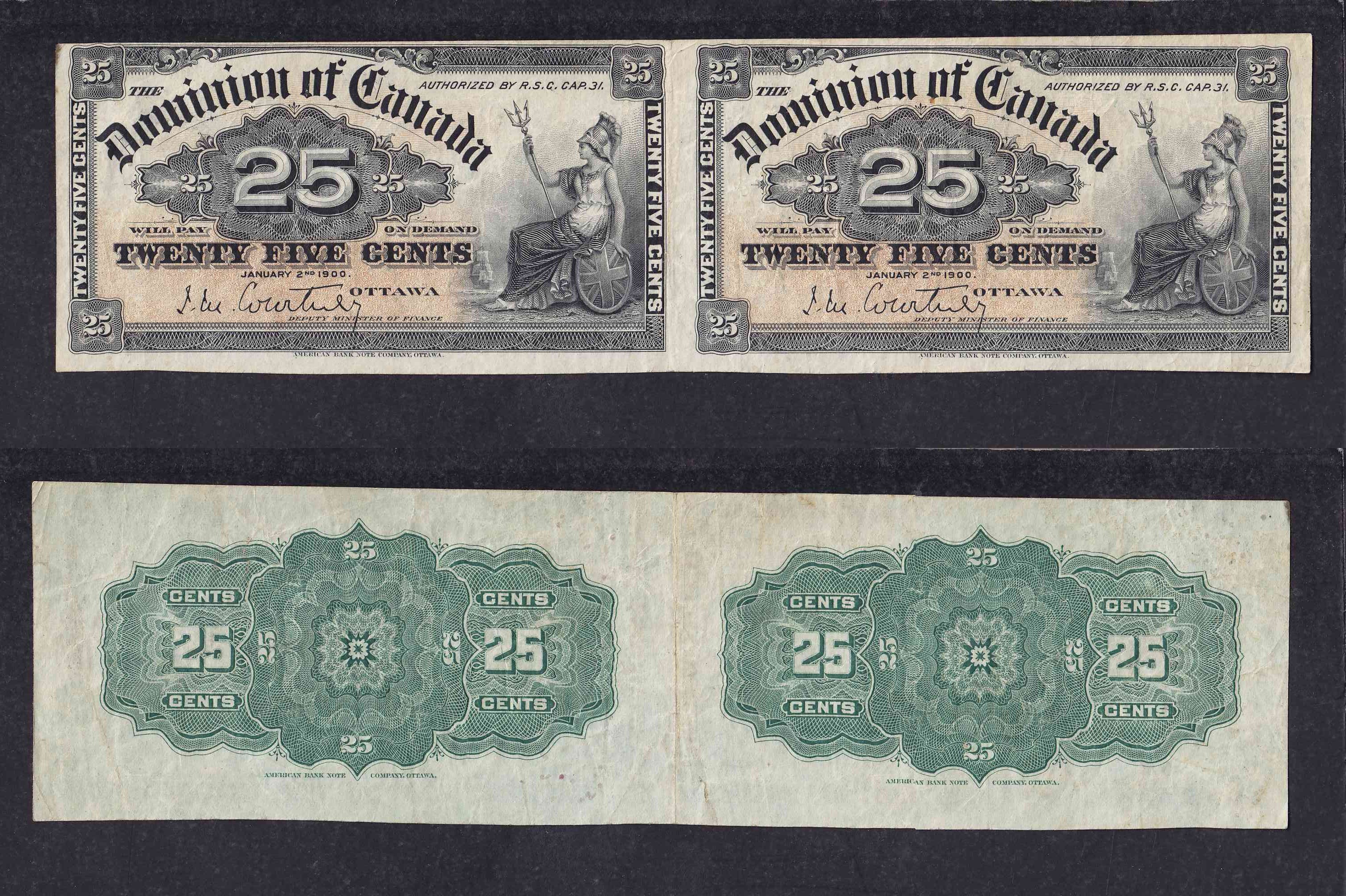 1900 DOMINION OF CANADA 25 CENTS COURTNEY UNCUT PAIR BANK NOTE photo