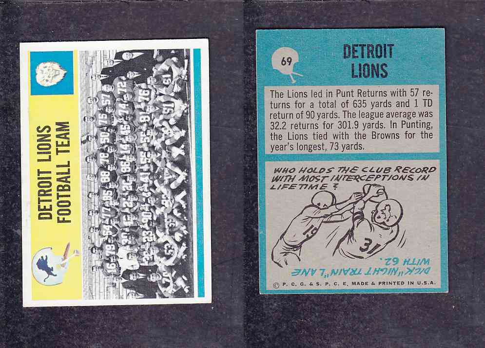 1965 NFL PHILADELPHIA FOOTBALL CARD #69 DETROIT LIONS FOOTBALL TEAM photo