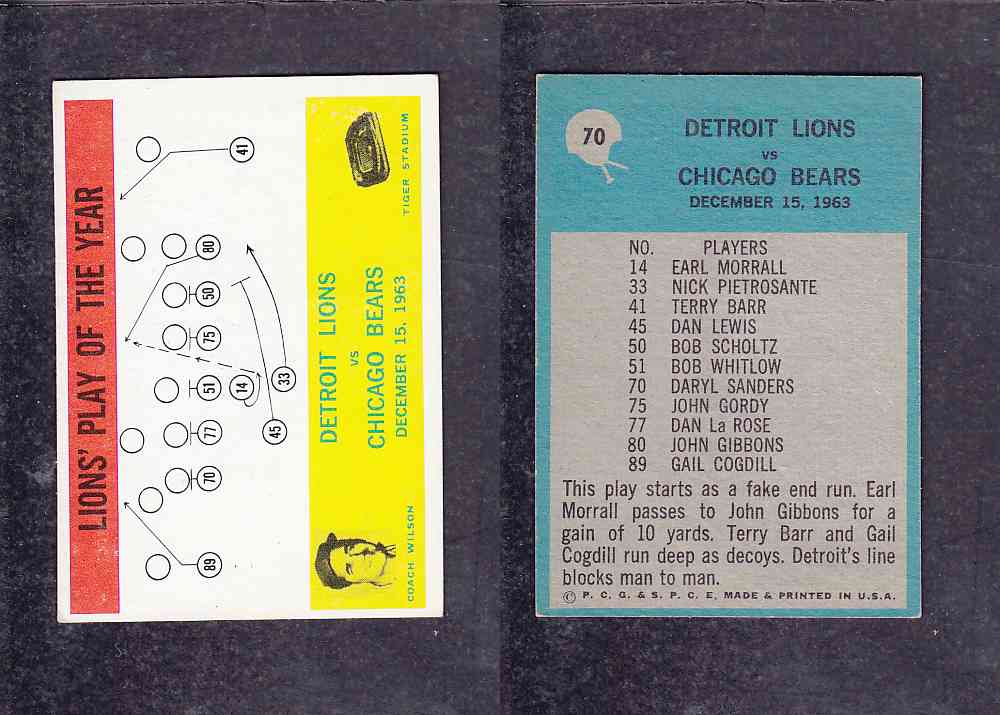 1965 NFL PHILADELPHIA FOOTBALL CARD #70 LIONS' PLAY OF THE YEAR photo