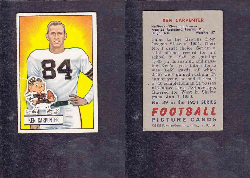 1951 NFL BOWMAN FOOTBALL CARD #39 K. CARPENTER photo