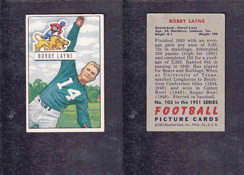 1951 NFL BOWMAN FOOTBALL CARD #102 B. LAYNE photo