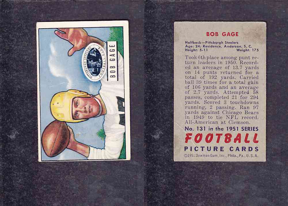 1951 NFL BOWMAN FOOTBALL CARD #131 B. GAGE photo