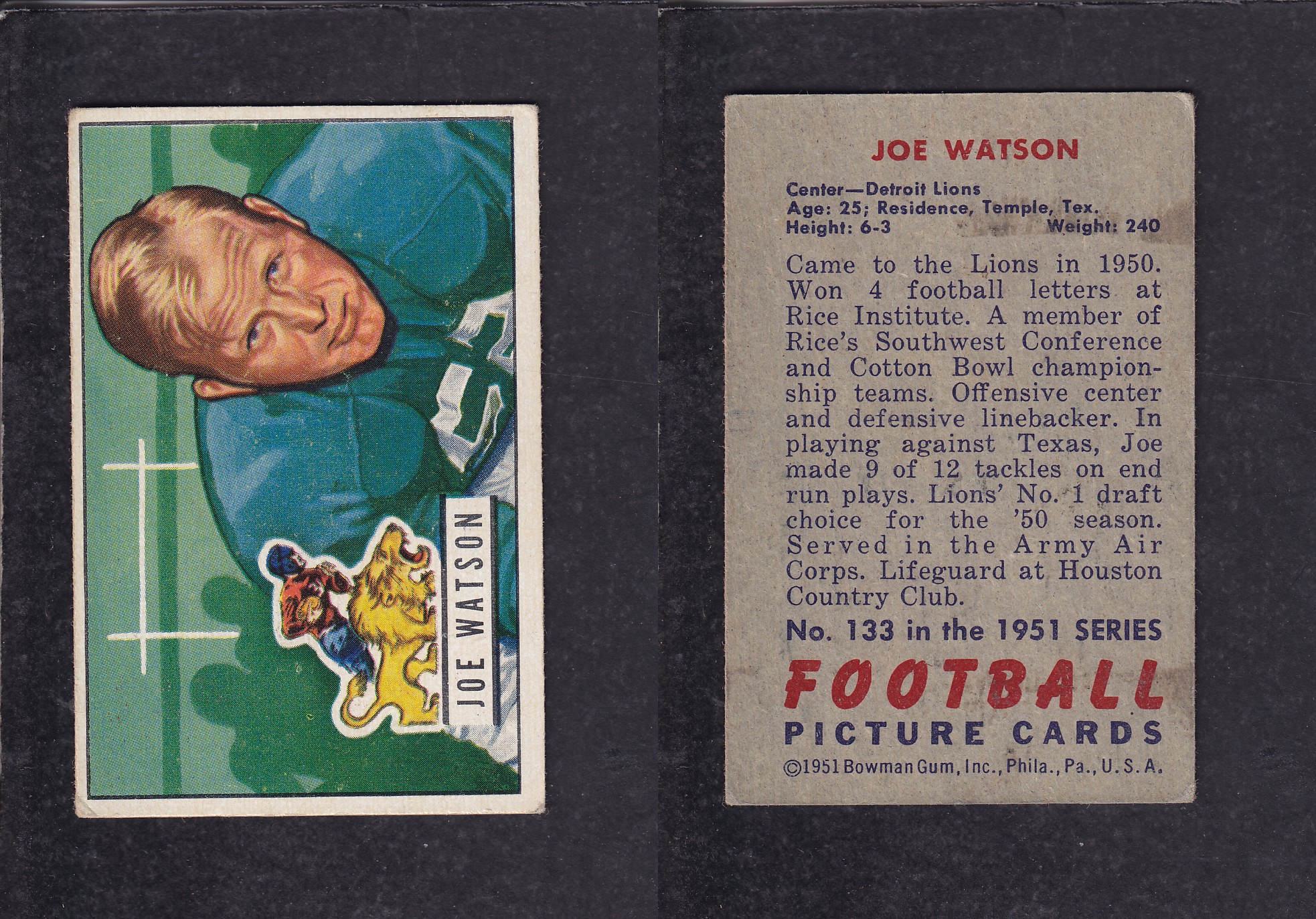 1951 NFL BOWMAN FOOTBALL CARD #133 J. WATSON photo