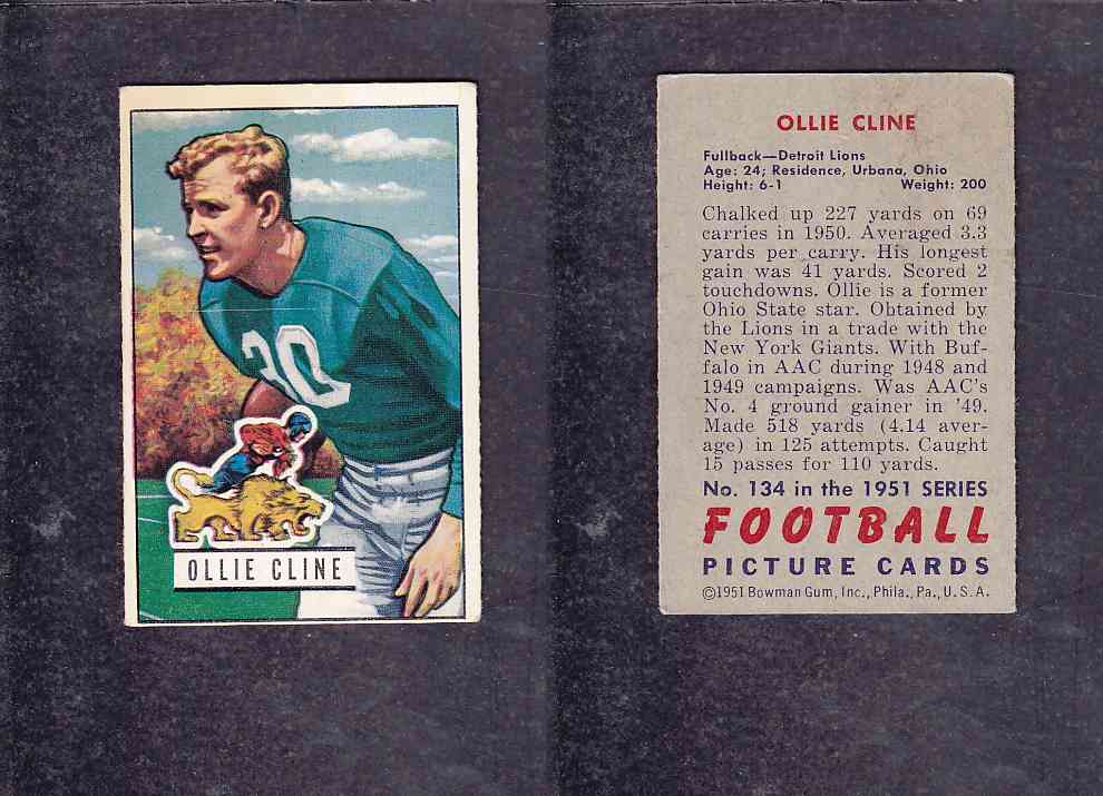 1951 NFL BOWMAN FOOTBALL CARD #134 O. CLINE photo