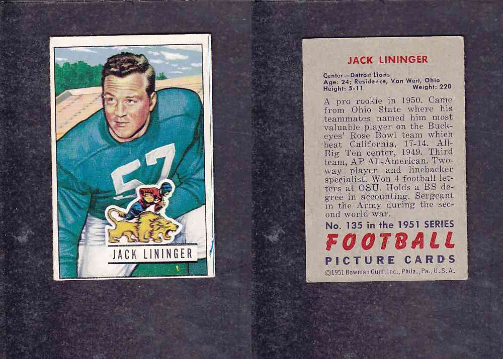 1951 NFL BOWMAN FOOTBALL CARD #135 J. LININGER photo