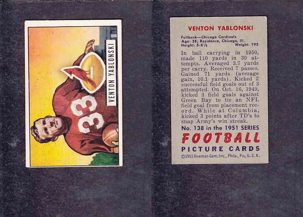 1951 NFL BOWMAN FOOTBALL CARD #138 V. YABLONSKI photo