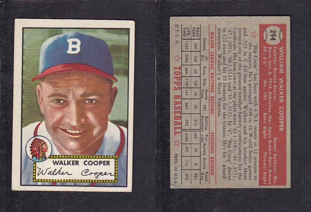 1952 TOPPS BASEBALL CARD #294 W. COOPER photo