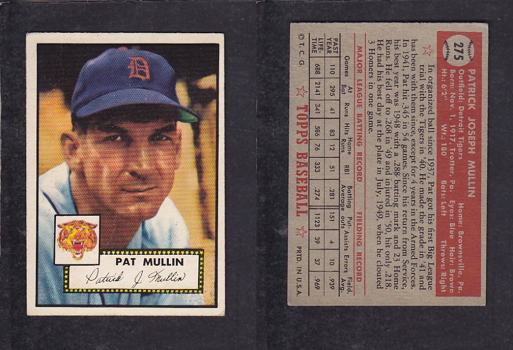 1952 TOPPS BASEBALL CARD #275 P. MULLIN photo