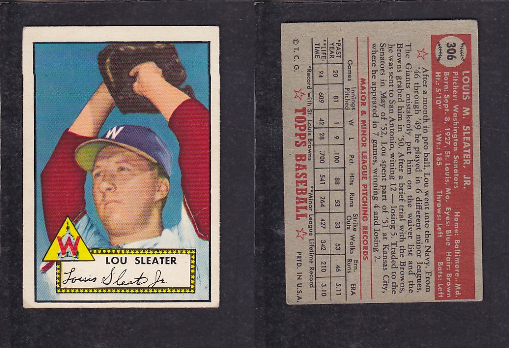 1952 TOPPS BASEBALL CARD #306 L. SLEATER photo