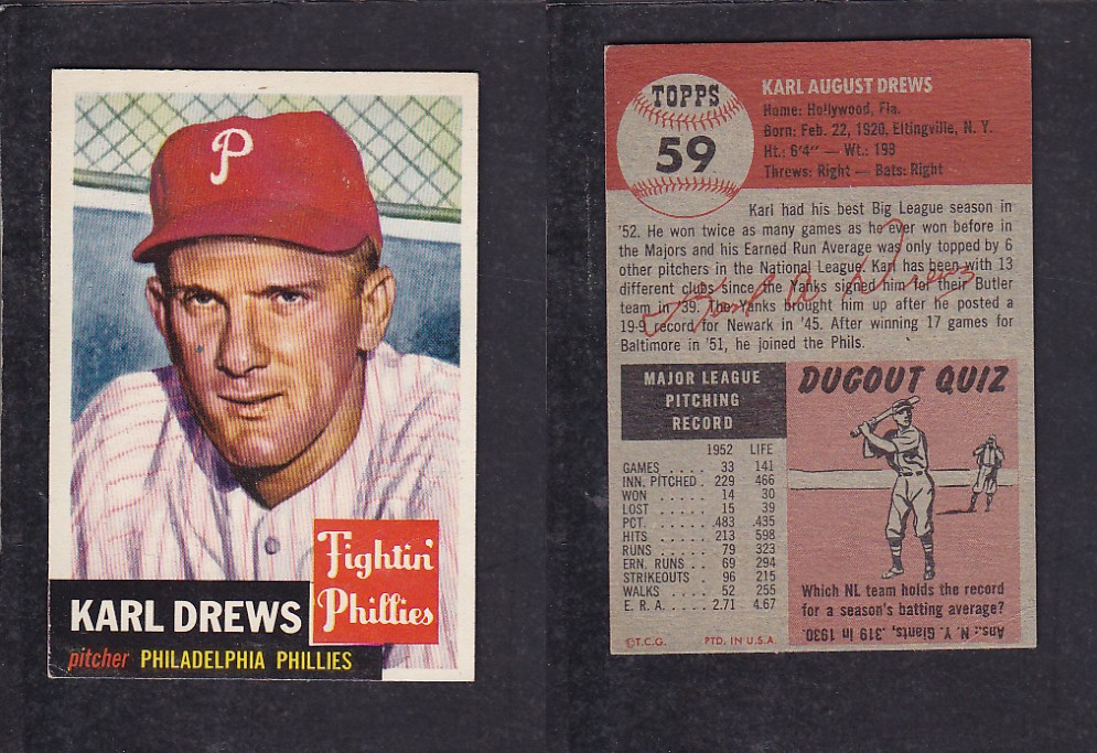 1953 TOPPS BASEBALL CARD #59 K. DREWS photo