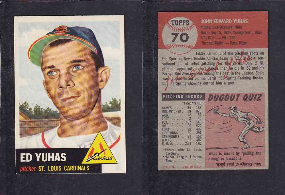 1953 TOPPS BASEBALL CARD #70 J. YUHAS photo