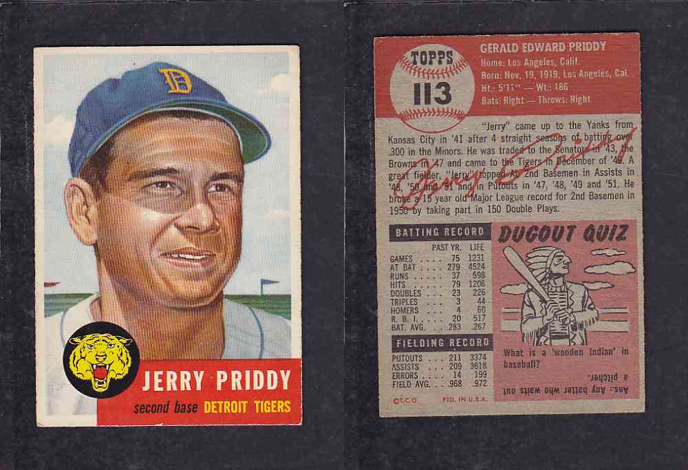 1953 TOPPS BASEBALL CARD #113 G. PRIDDY photo