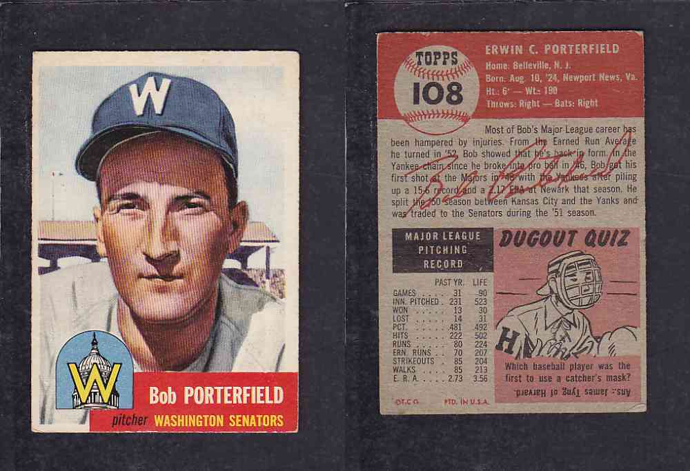 1953 TOPPS BASEBALL CARD #108 E. PORTERFIELD photo