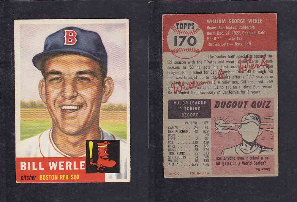 1953 TOPPS BASEBALL CARD #170 W. WERLE photo