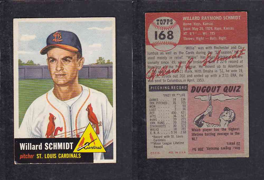 1953 TOPPS BASEBALL CARD #168 W. SCHMIDT photo