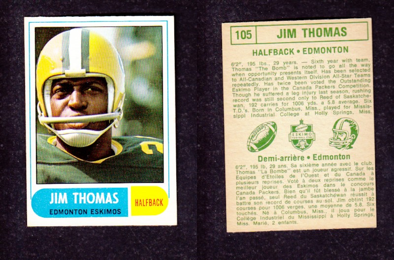 1968 CFL O-PEE-CHEE FOOTBALL CARD #105 J. THOMAS photo