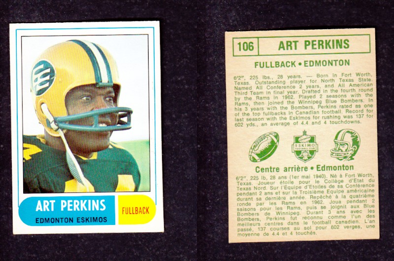 1968 CFL O-PEE-CHEE FOOTBALL CARD #106 A. PERKINS photo