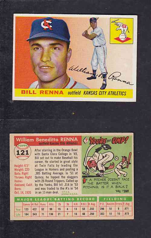 1955 TOPPS BASEBALL CARD #121 W. RENNA photo