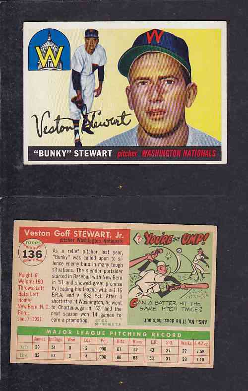 1955 TOPPS BASEBALL CARD #136 V. STEWART photo