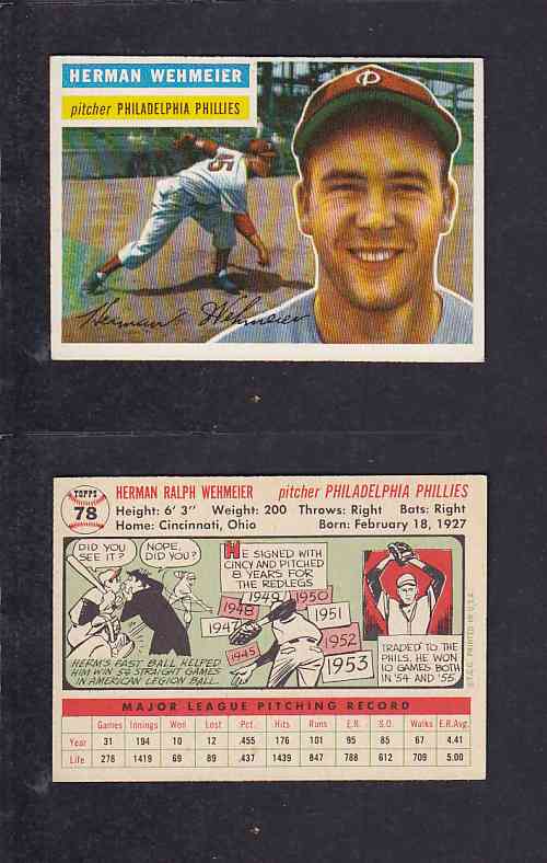 1956 TOPPS BASEBALL CARD #78 H. WEHMEIER photo