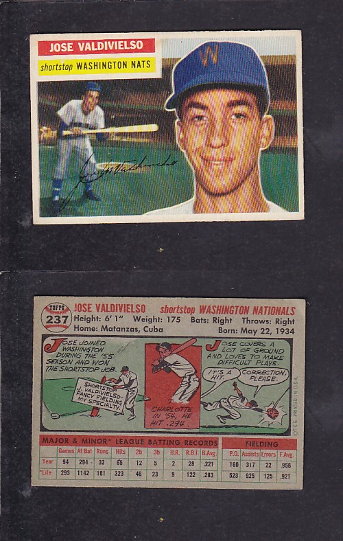 1956 TOPPS BASEBALL CARD #237 J. VALDIVIELSO photo