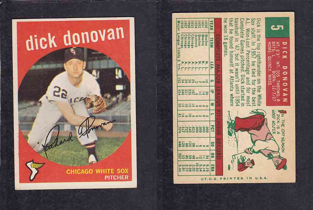 1959 TOPPS BASEBALL CARD #5 D. DONOVAN photo