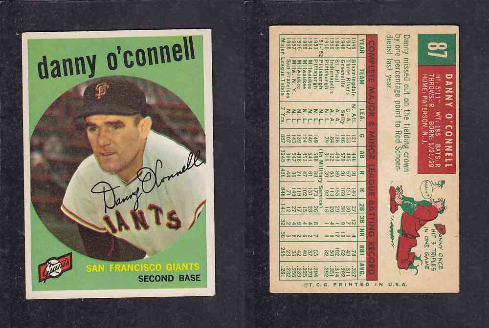 1959 TOPPS BASEBALL CARD #87  D.  O'CONNELL photo