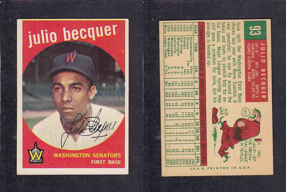 1959 TOPPS BASEBALL CARD #93   J. BECQUER photo