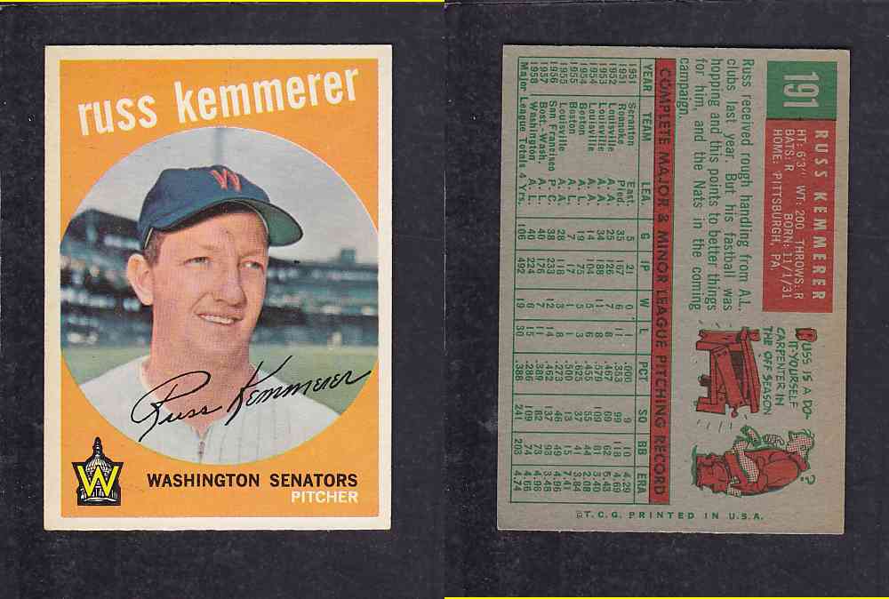 1959 TOPPS BASEBALL CARD #191  R. KEMMERER photo