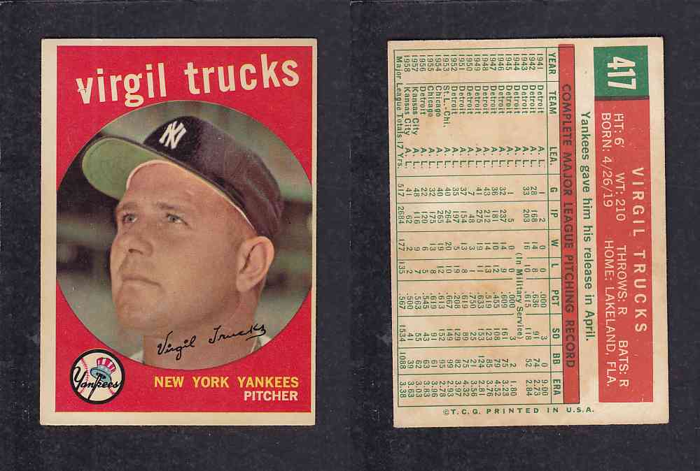 1959 TOPPS BASEBALL CARD #417   V. TRUCKS photo