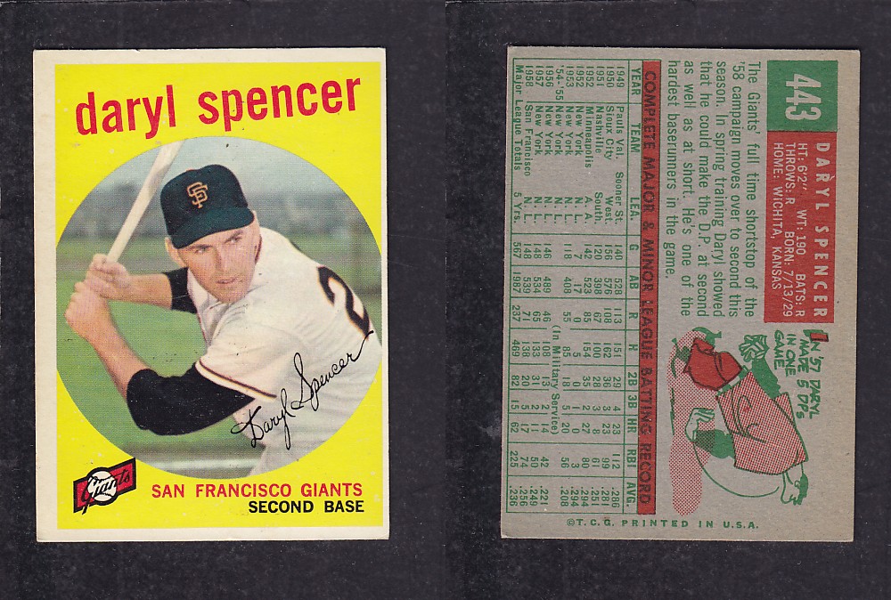 1959 TOPPS BASEBALL CARD #443   D. SPENCER photo