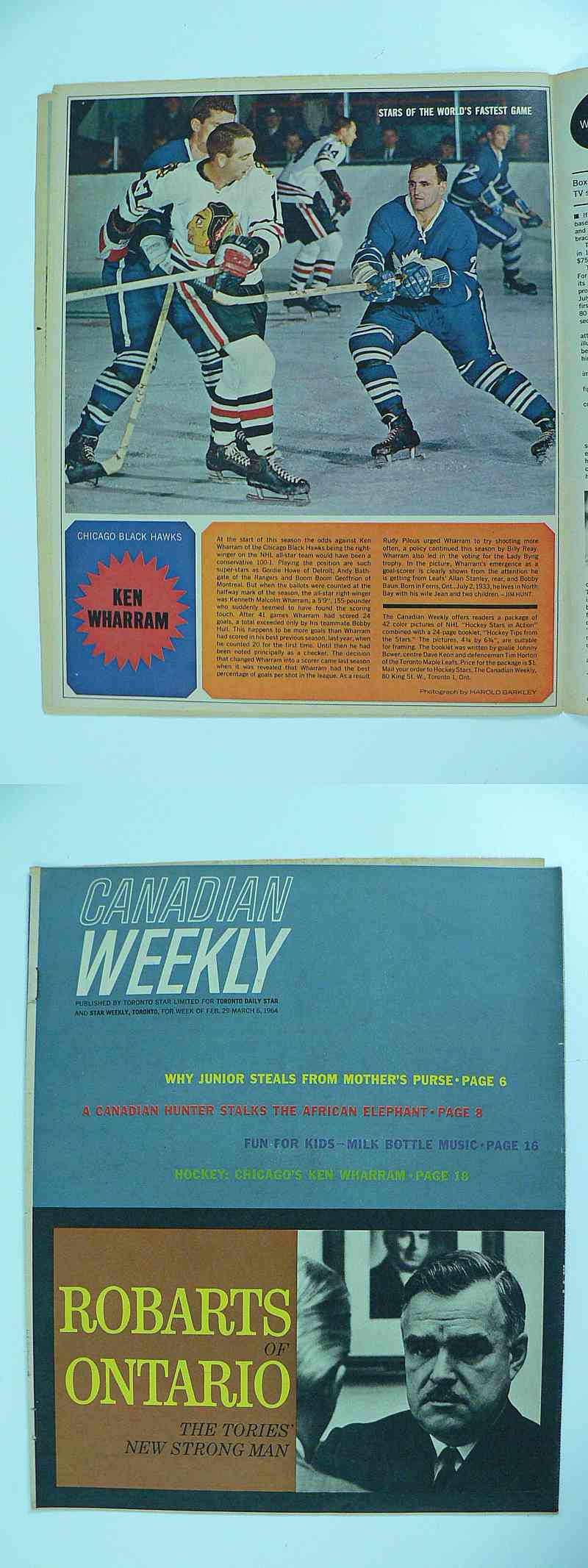 1963-64 TORONTO STAR FULL MAGAZINE K.WHARRAM POSTER photo