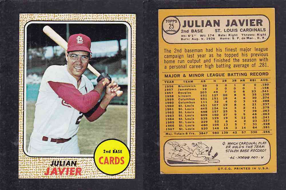 1968 TOPPS BASEBALL CARD  #25  J. JAVIER photo