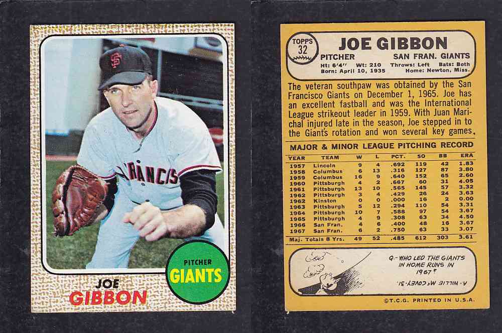 1968 TOPPS BASEBALL CARD  #32  J. GIBBON photo