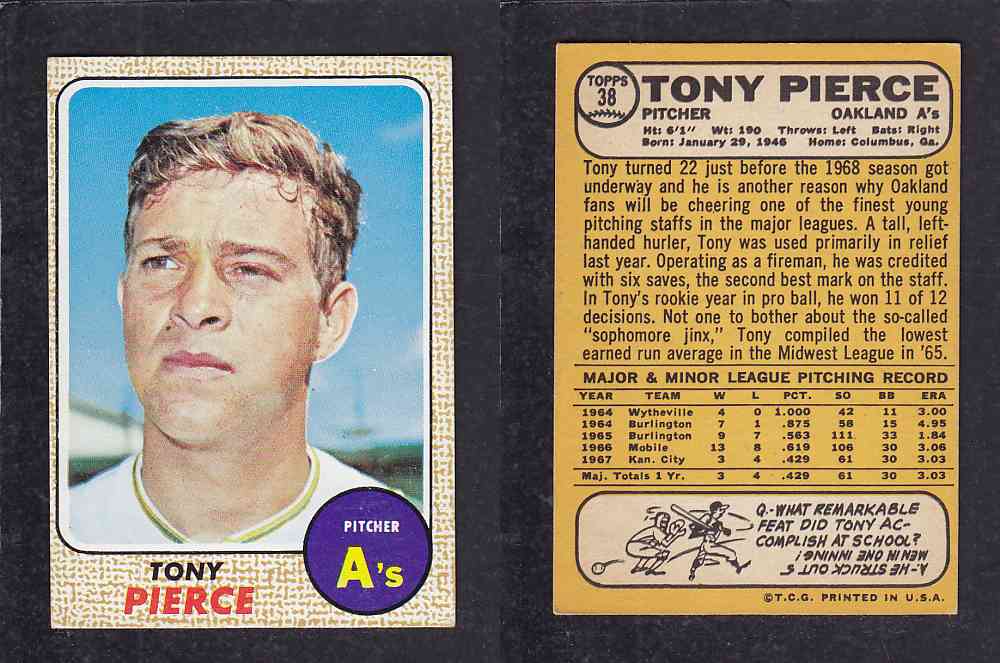 1968 TOPPS BASEBALL CARD  #38  T. PIERCE photo