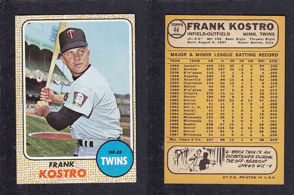 1968 TOPPS BASEBALL CARD  #44   F. KOSTRO photo