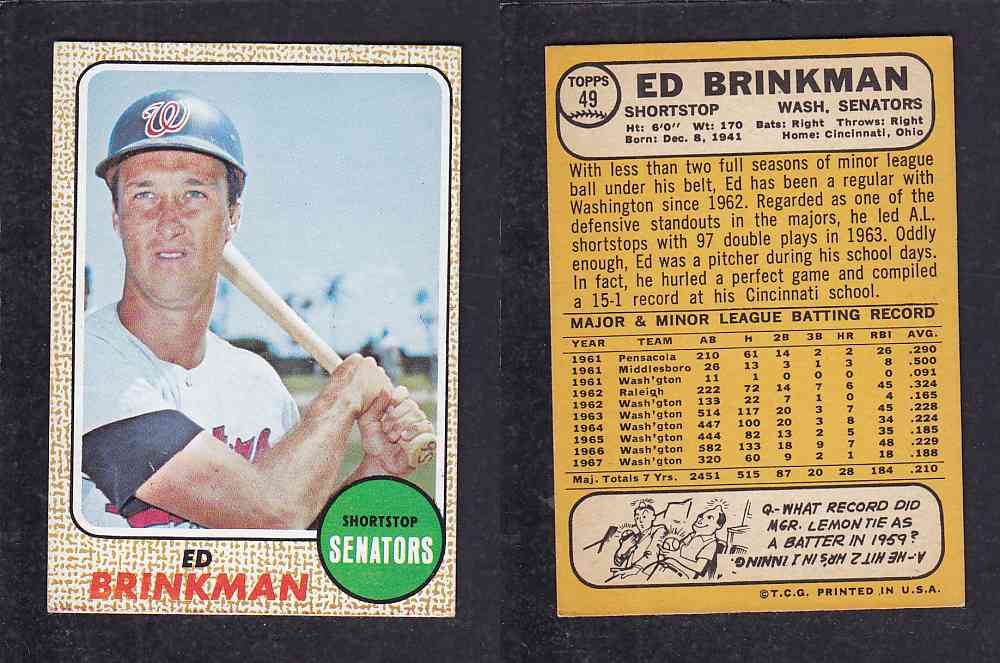 1968 TOPPS BASEBALL CARD  #49   E. BRINKMAN photo