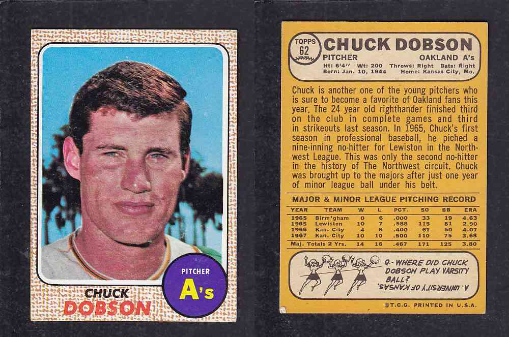 1968 TOPPS BASEBALL CARD  #62  C. DOBSON photo