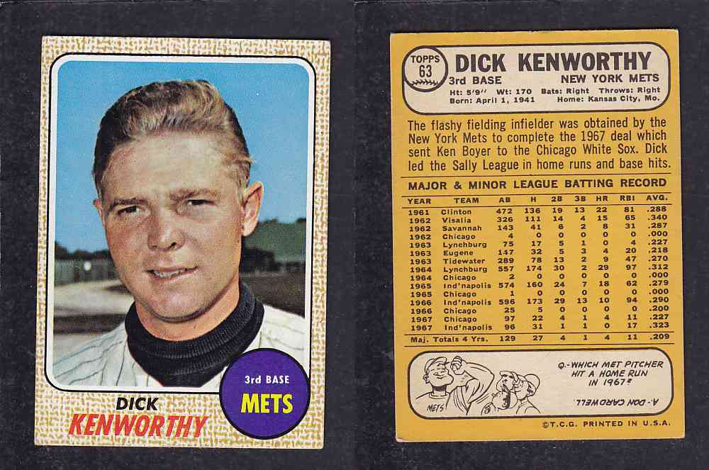 1968 TOPPS BASEBALL CARD  #63  D. KENWORTHY photo