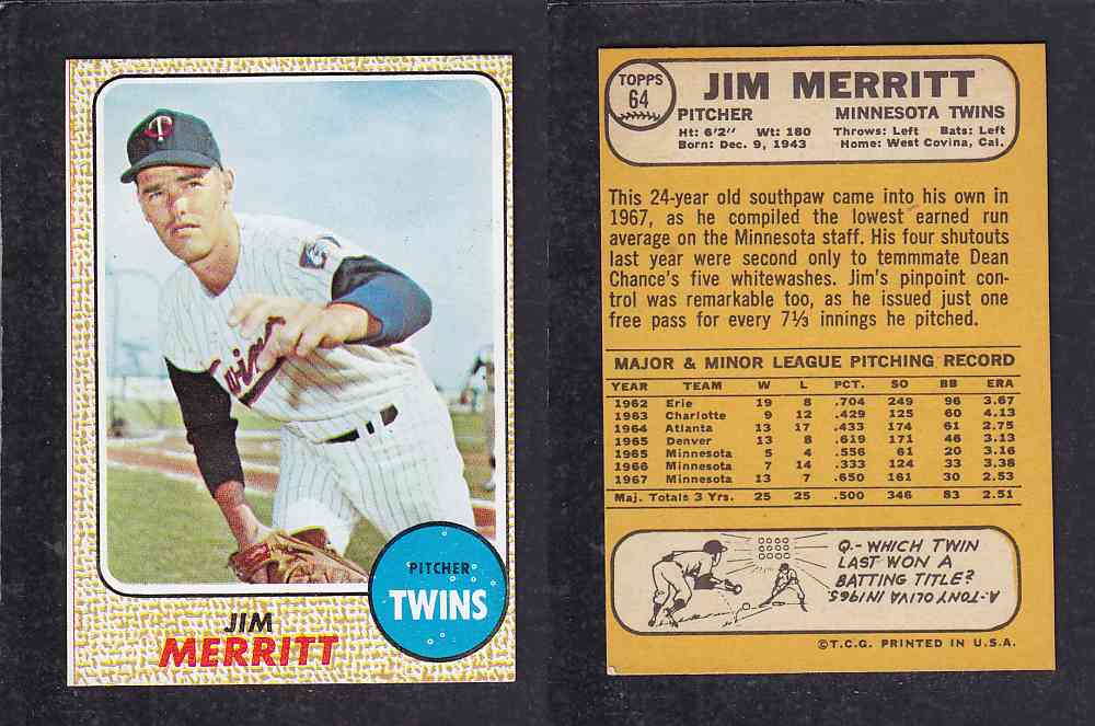 1968 TOPPS BASEBALL CARD  #64  J. MERRITT photo