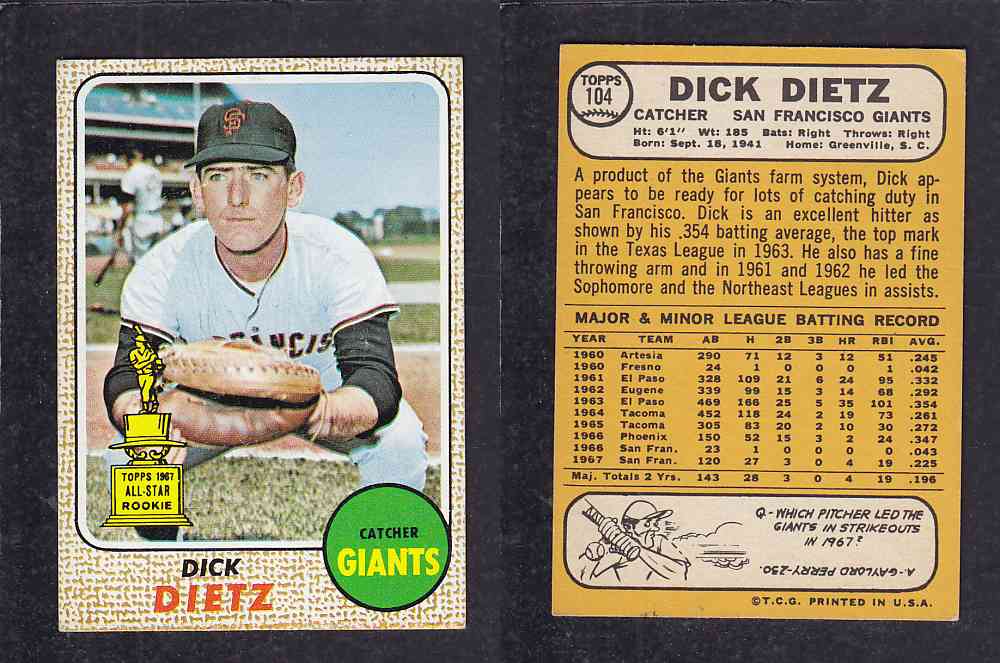 1968 TOPPS BASEBALL CARD  #104  D. DIETZ photo