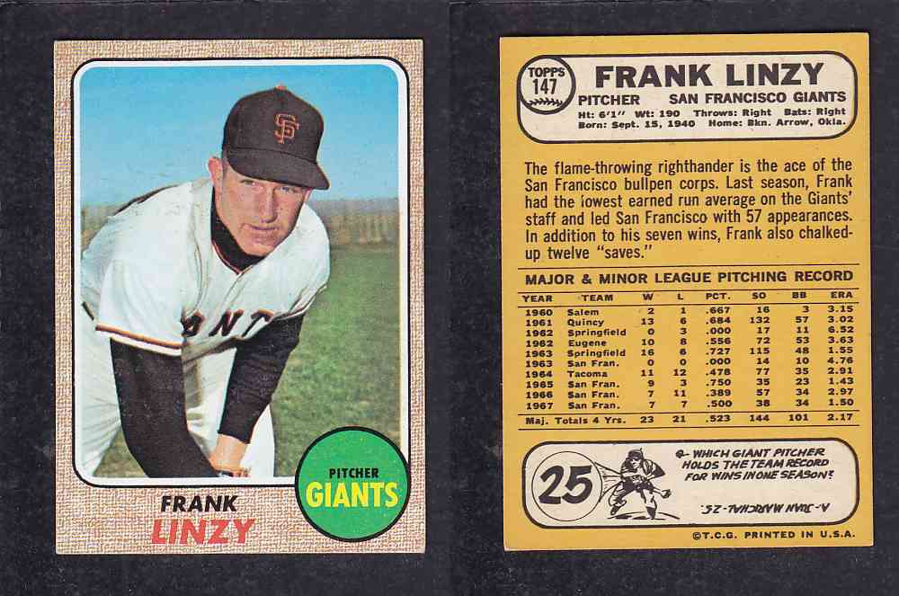 1968 TOPPS BASEBALL CARD  #147  F. LINZY photo